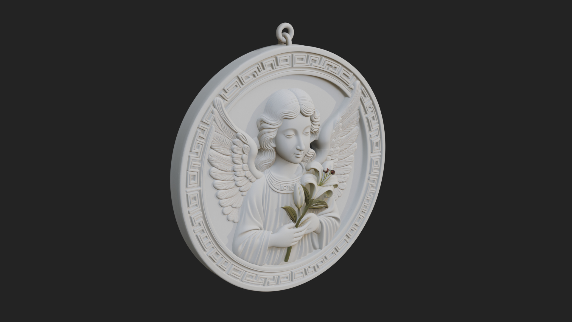 Angel with Lily Oval Relief Plaque Design 2 3D Print 3D Model