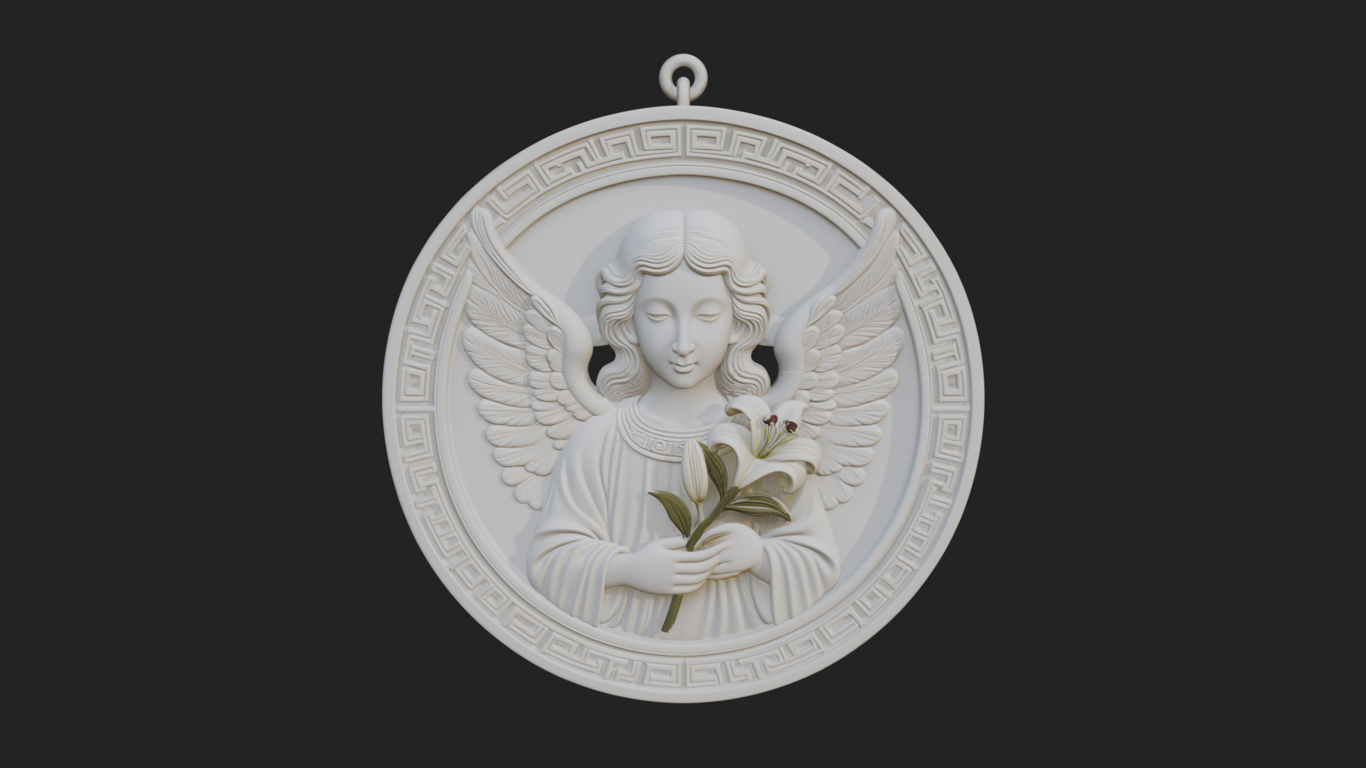 Angel with Lily Oval Relief Plaque Design 2 3D Print 3D Model