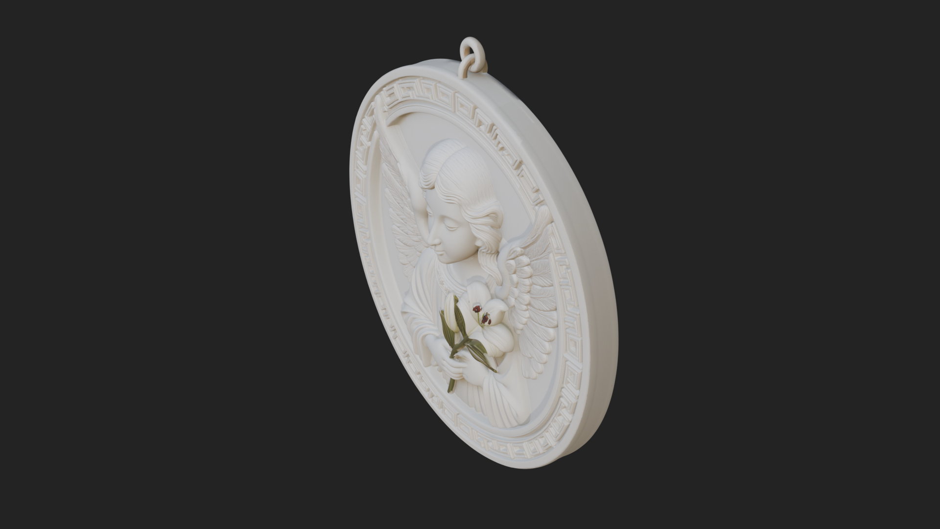 Angel with Lily Oval Relief Plaque Design 2 3D Print 3D Model