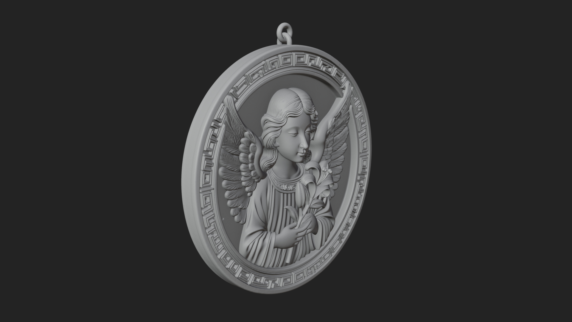 Angel with Lily Oval Relief Plaque Design 2 3D Print 3D Model