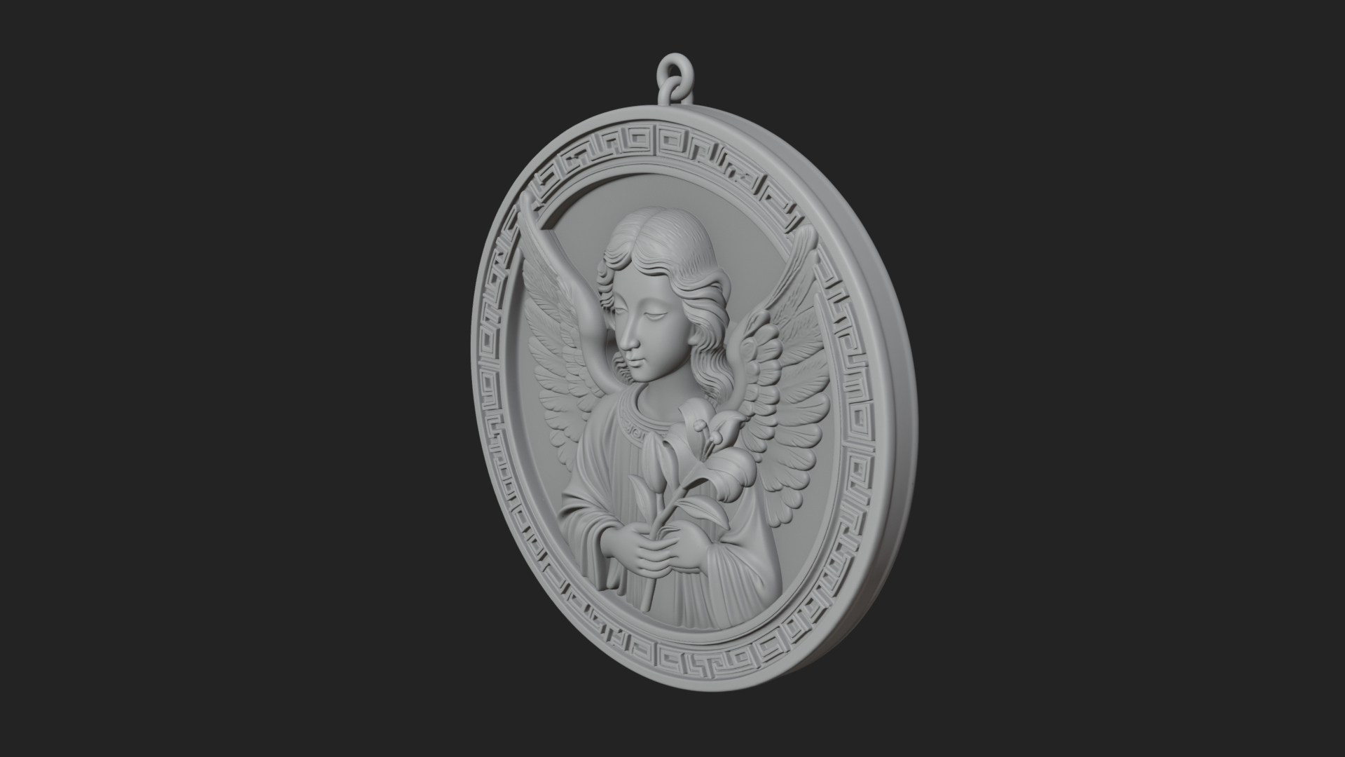 Angel with Lily Oval Relief Plaque Design 2 3D Print 3D Model