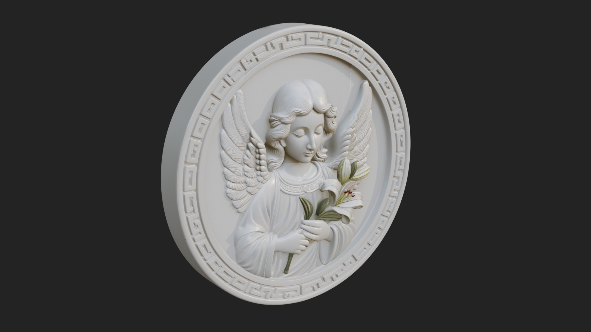 Angel with Lily Oval Relief Plaque Design 3 3D Print 3D Model