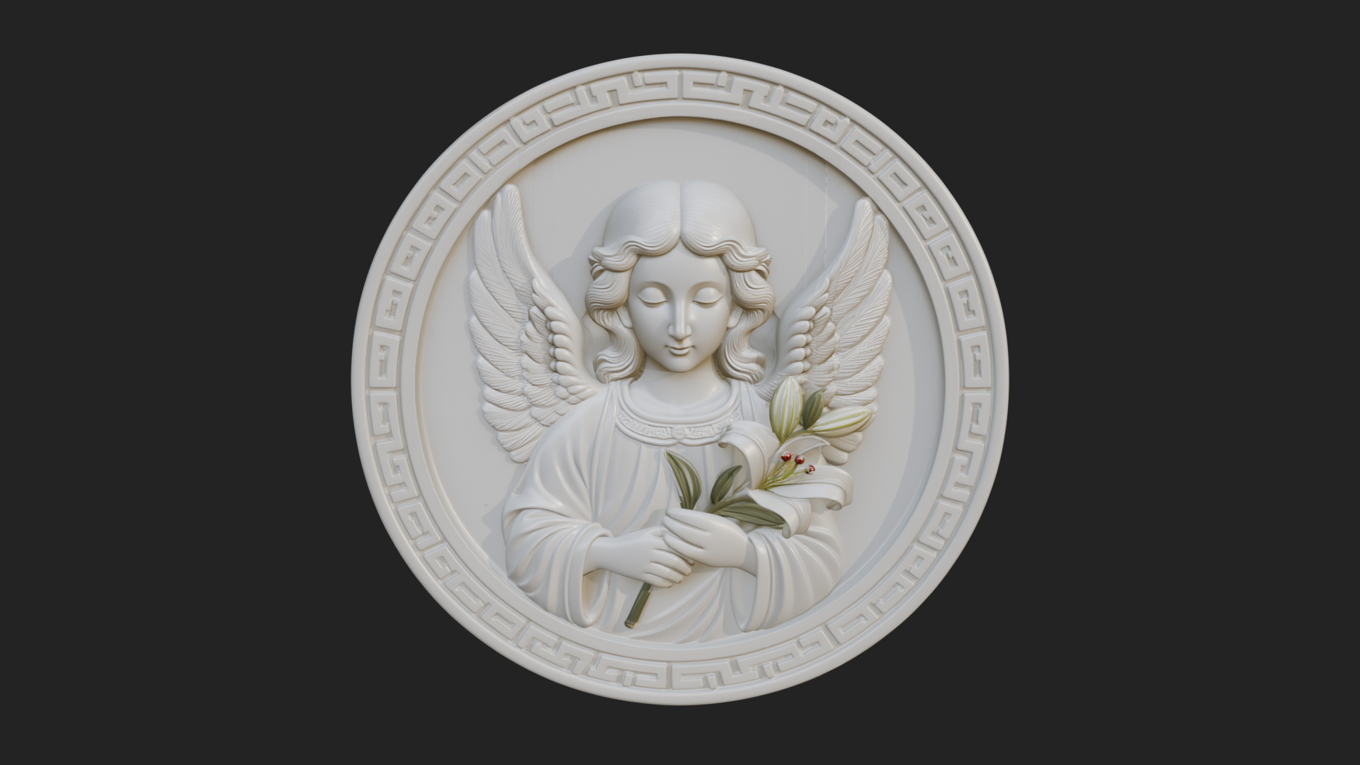 Angel with Lily Oval Relief Plaque Design 3 3D Print 3D Model
