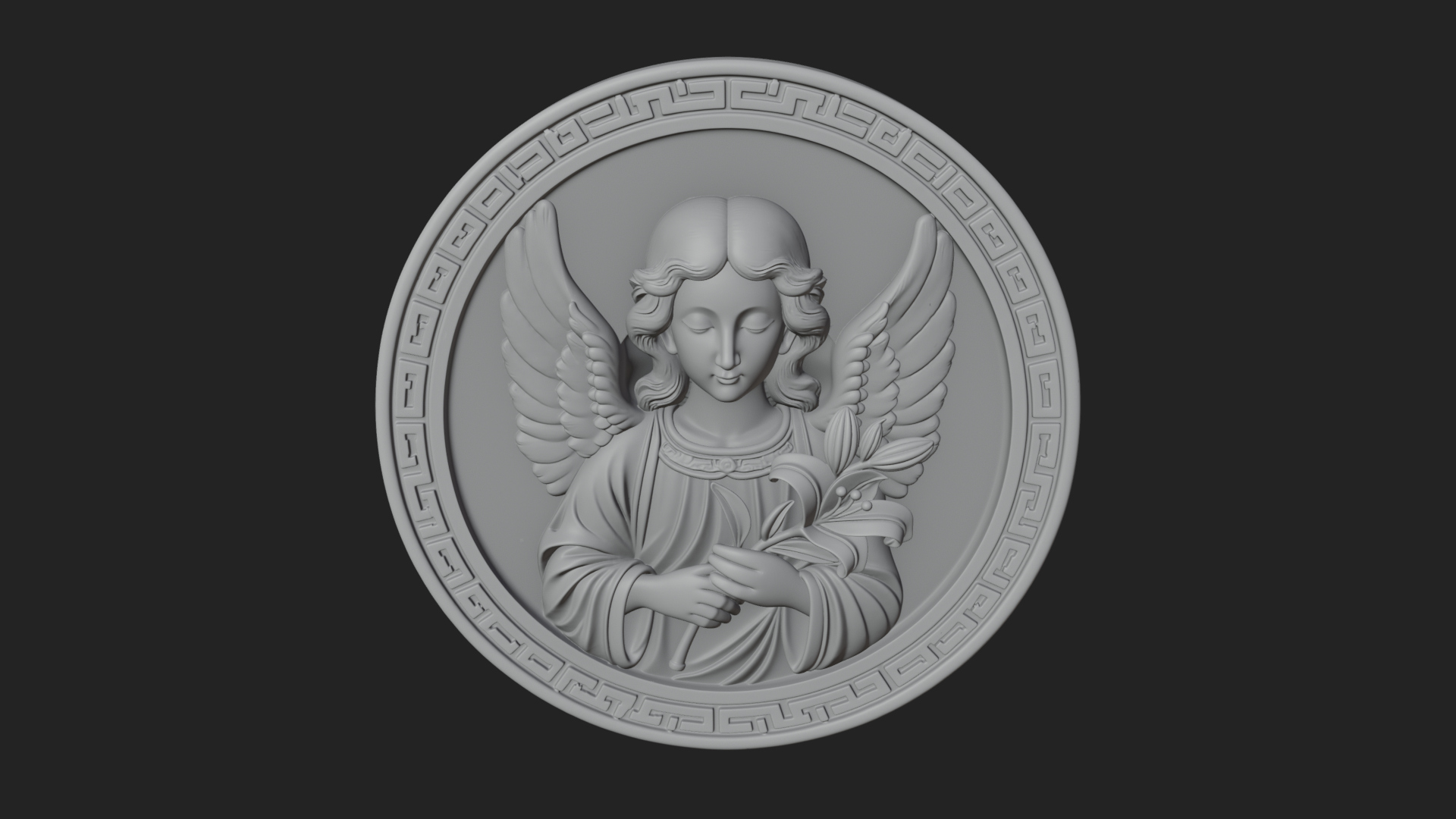 Angel with Lily Oval Relief Plaque Design 3 3D Print 3D Model