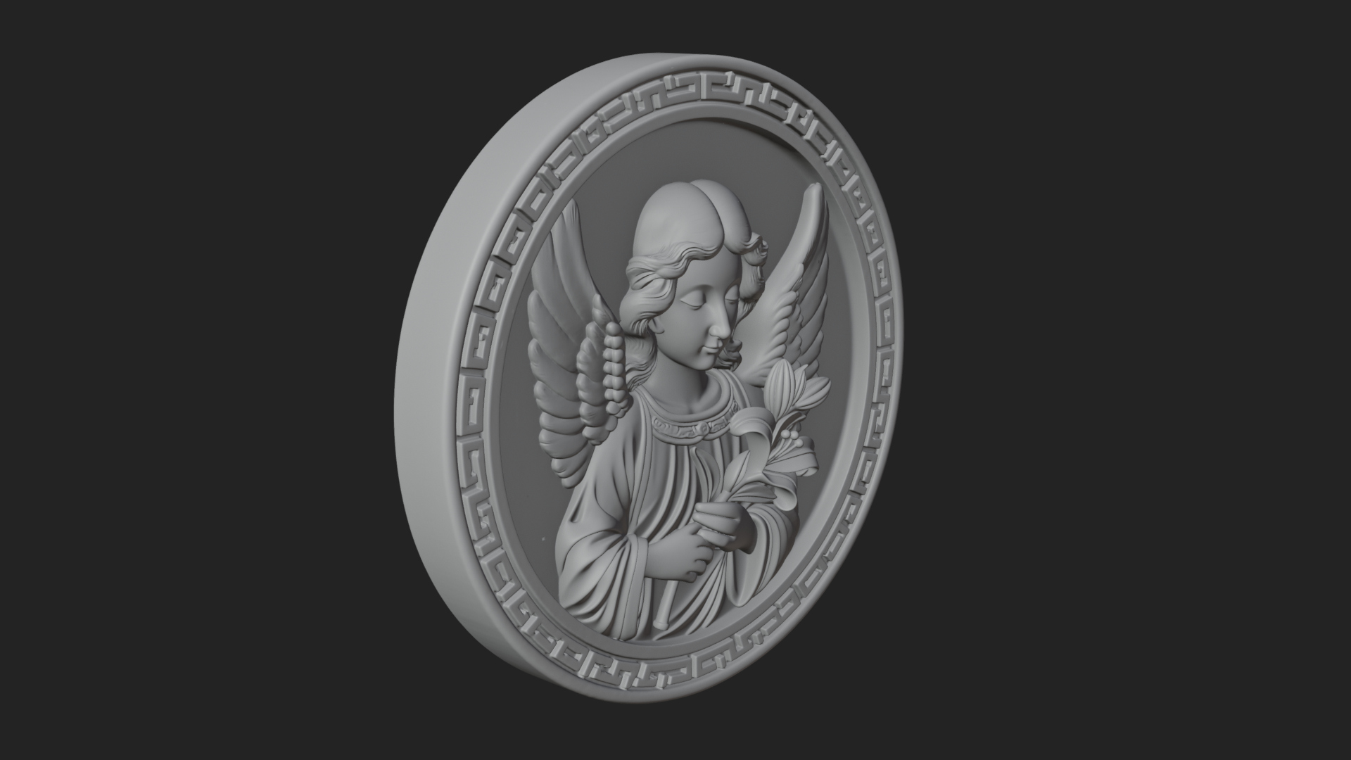 Angel with Lily Oval Relief Plaque Design 3 3D Print 3D Model
