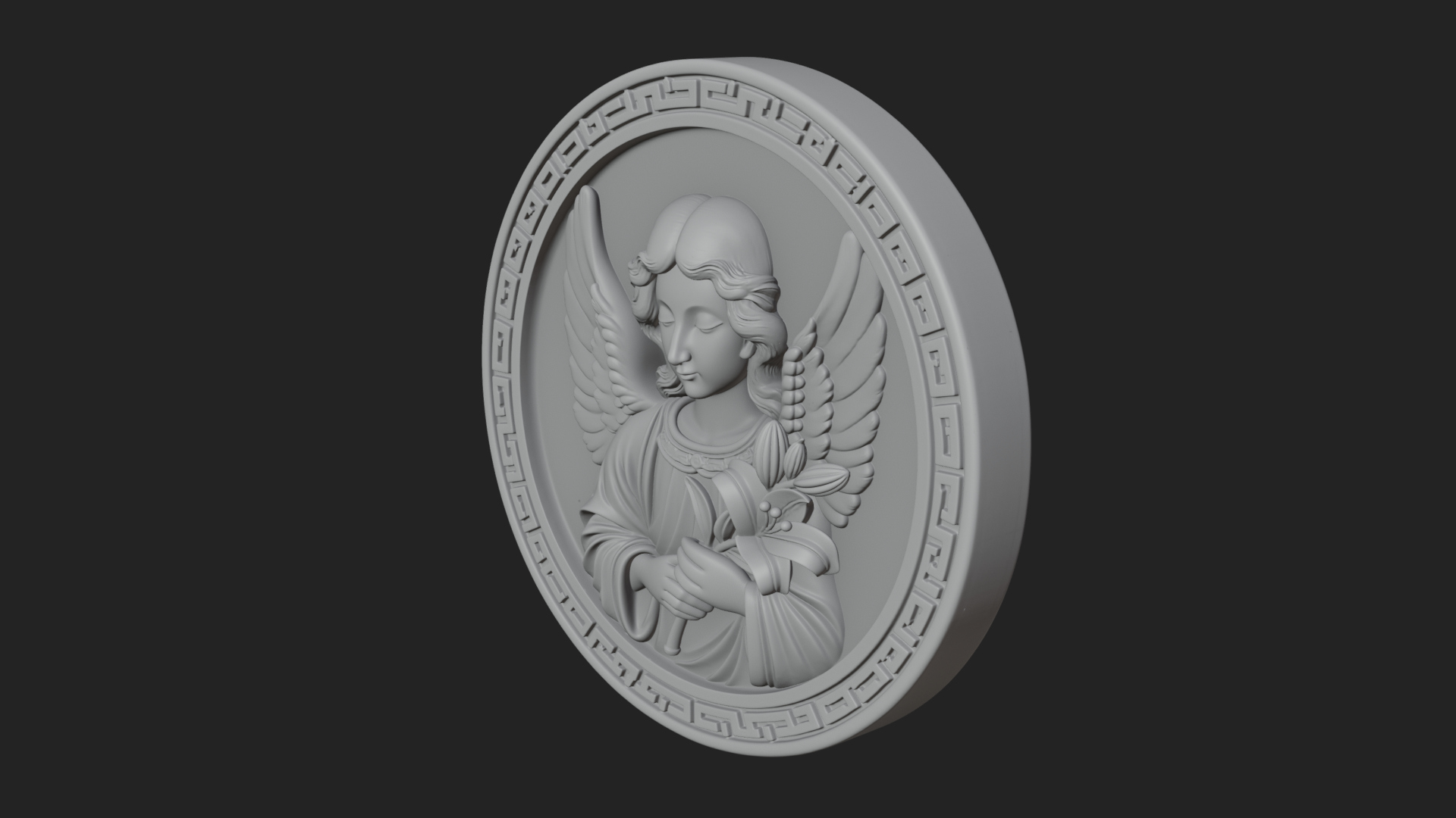 Angel with Lily Oval Relief Plaque Design 3 3D Print 3D Model