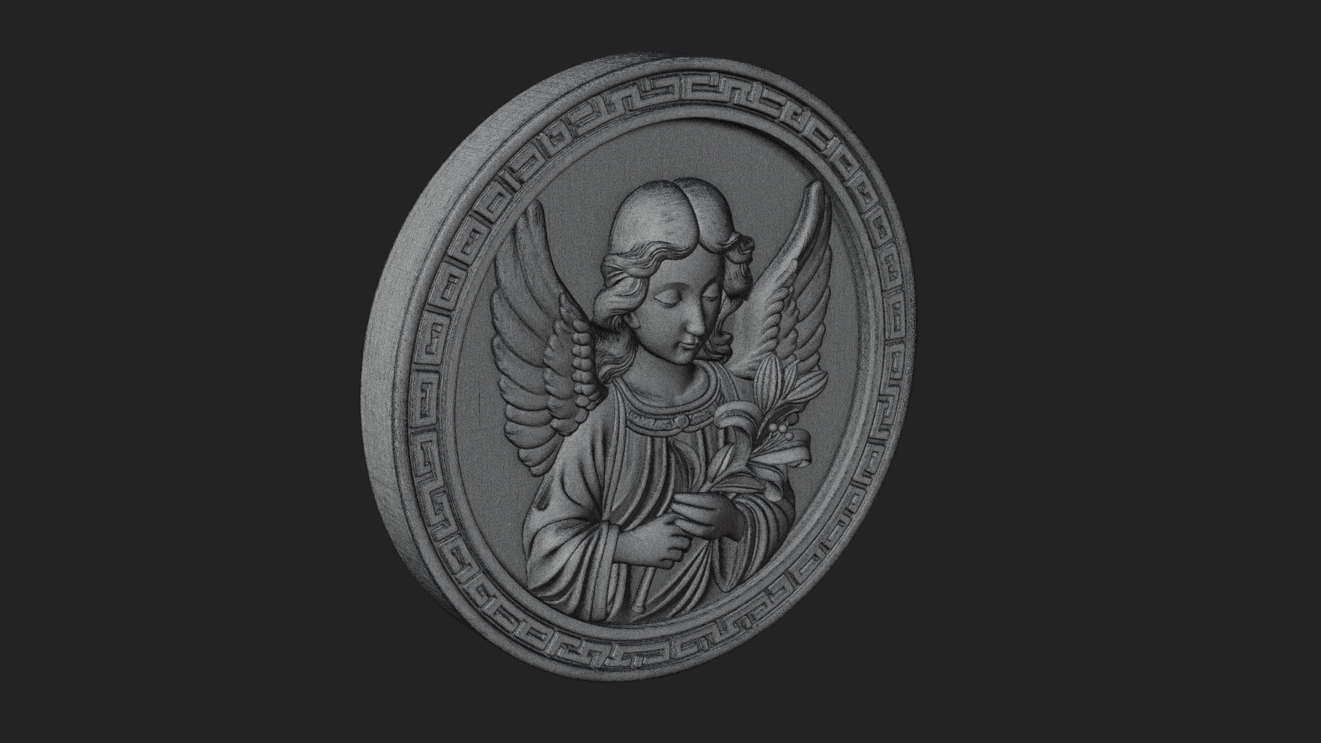Angel with Lily Oval Relief Plaque Design 3 3D Print 3D Model