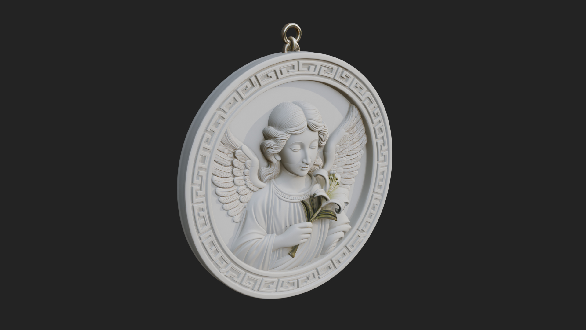 Angel with Lily Oval Relief Plaque Design 4 3D Print 3D Model