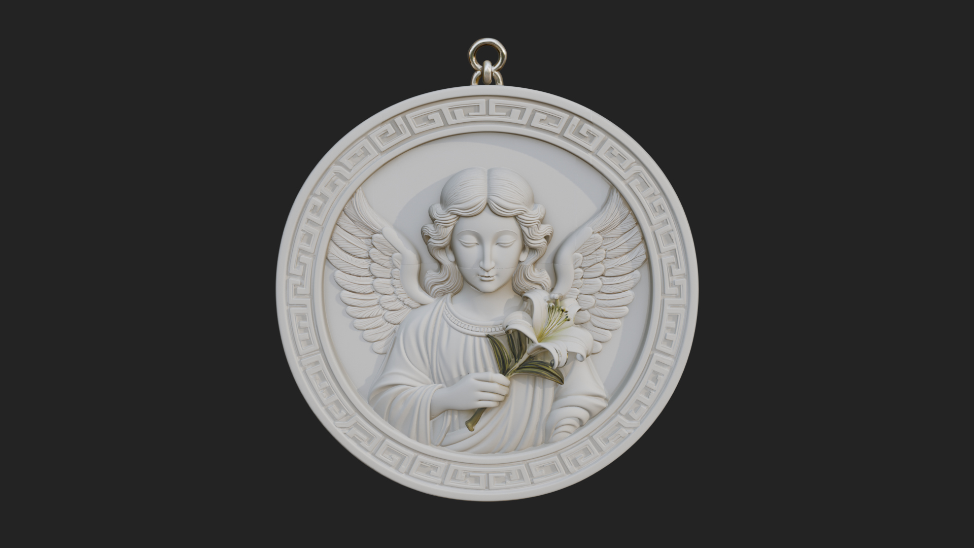 Angel with Lily Oval Relief Plaque Design 4 3D Print 3D Model