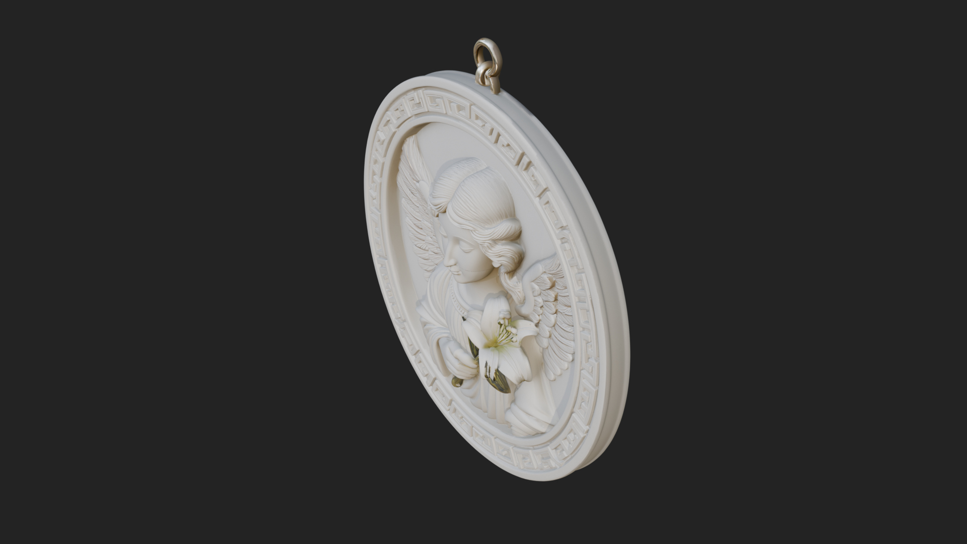 Angel with Lily Oval Relief Plaque Design 4 3D Print 3D Model
