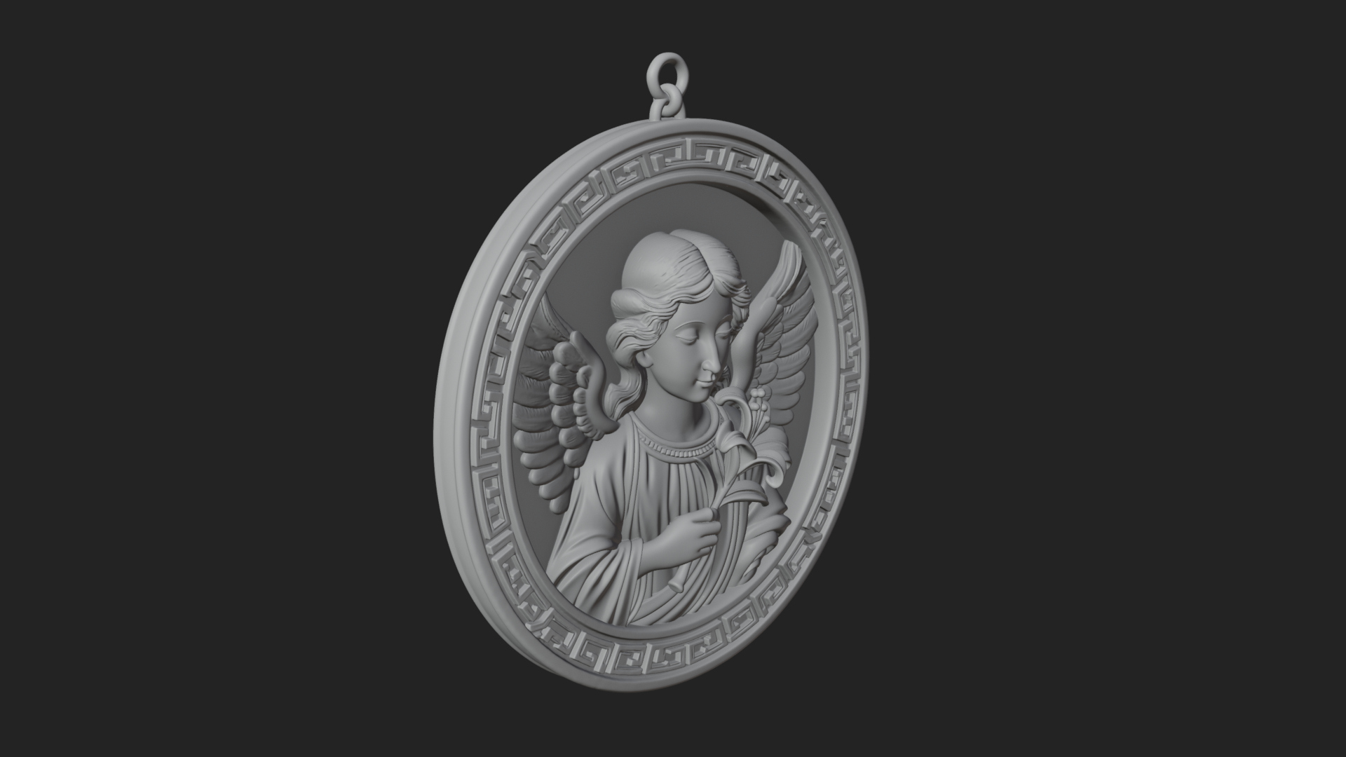 Angel with Lily Oval Relief Plaque Design 4 3D Print 3D Model