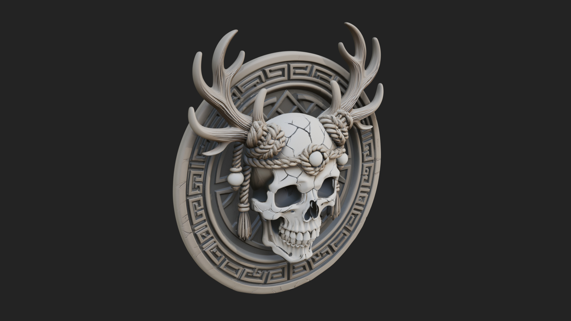 Antlered Skull Oval Relief Plaque Design 4 3D Print Model 3D Model