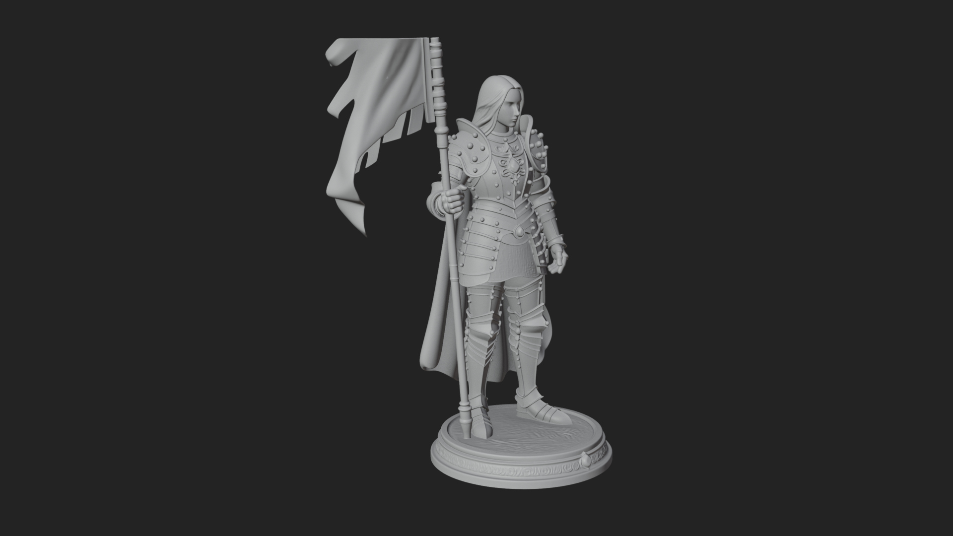 Armored Maiden with Banner Statue Design 1 3D Print Model 3D Model