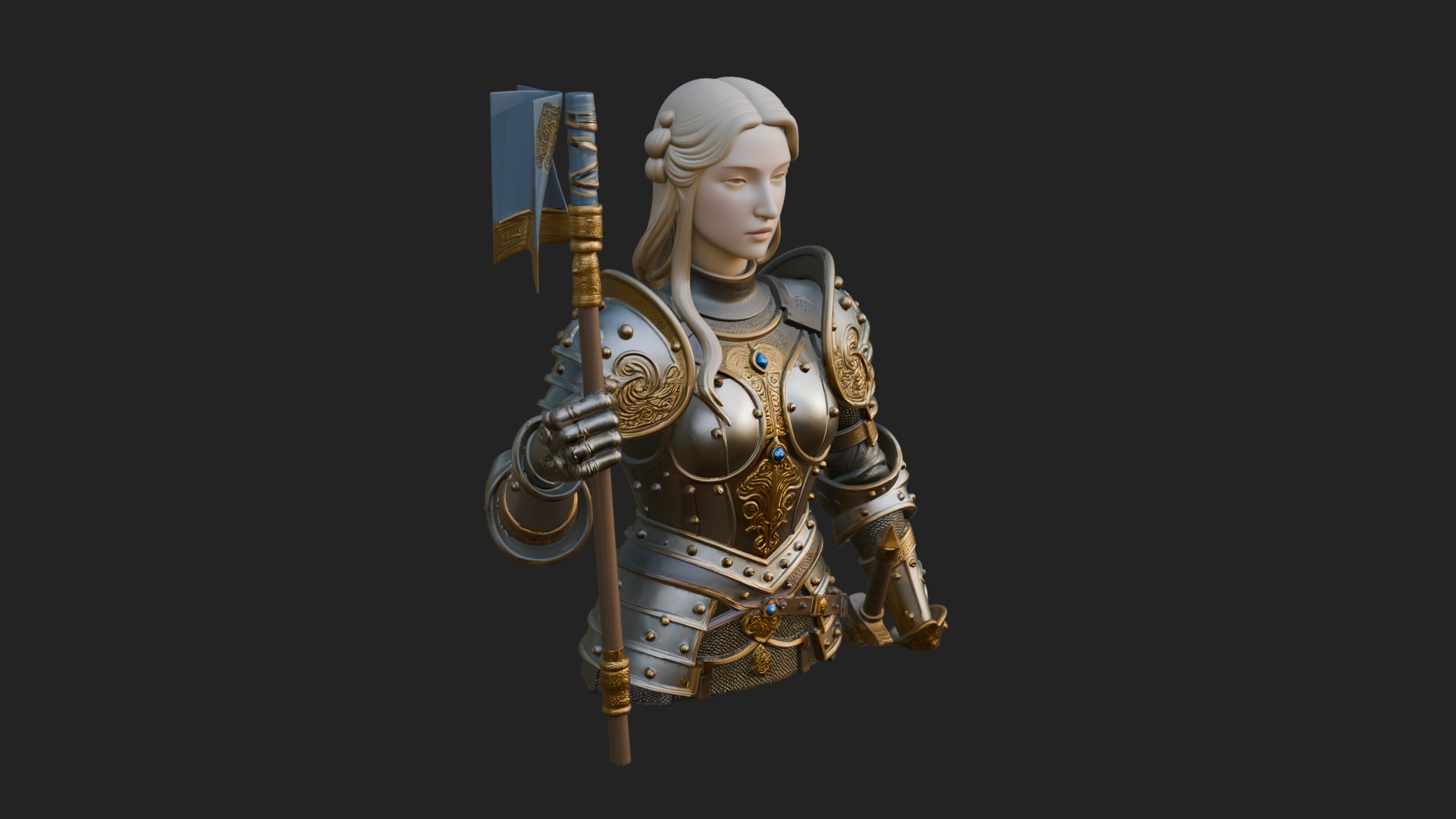 Armored Maiden with Banner Statue Design 2 3D Print Model 3D Model