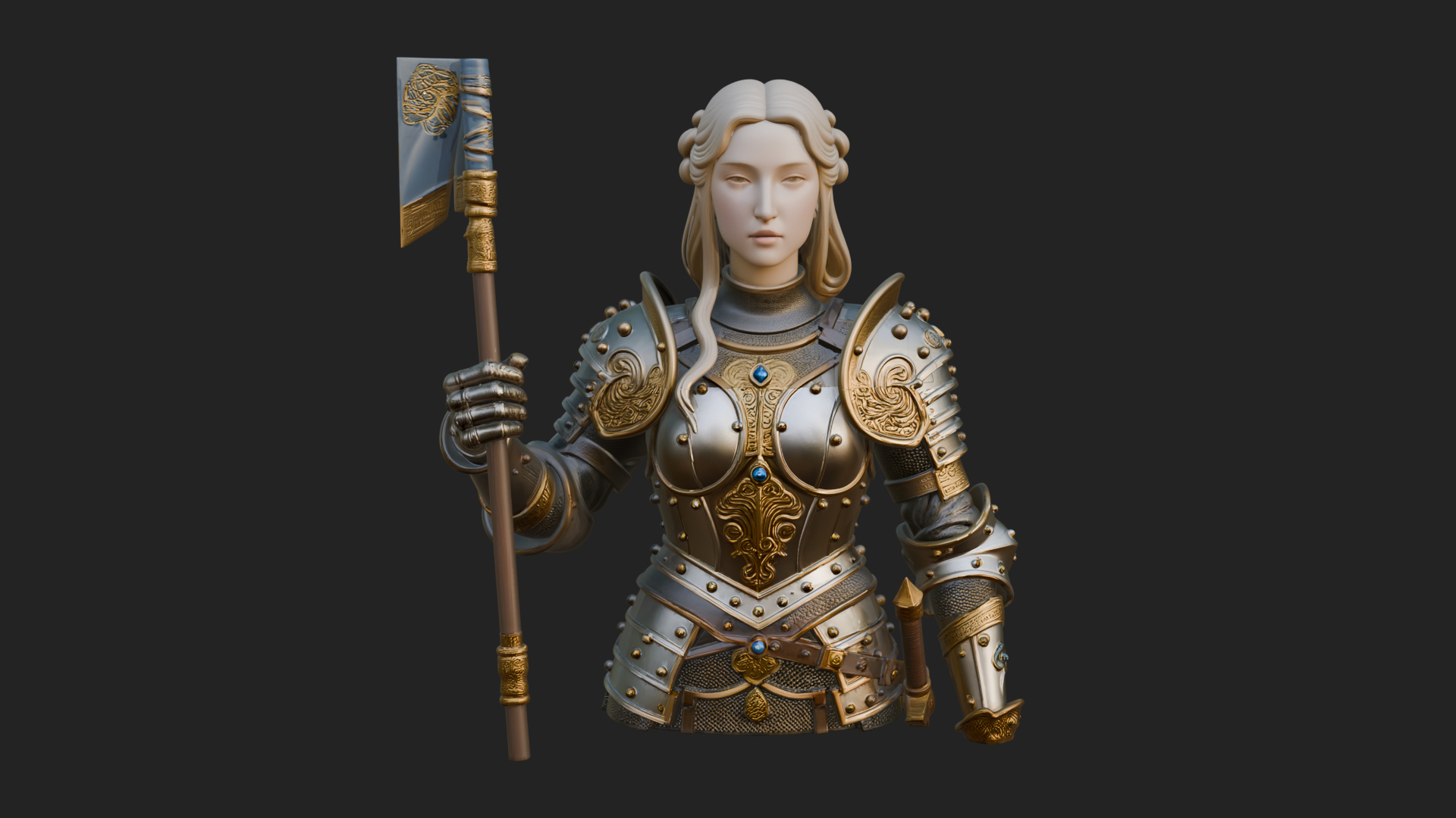 Armored Maiden with Banner Statue Design 2 3D Print Model 3D Model