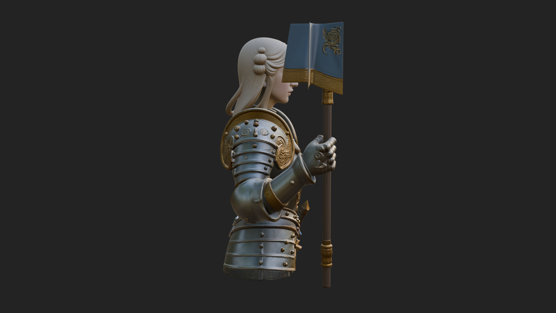 Armored Maiden with Banner Statue Design 2 3D Print Model 3D Model