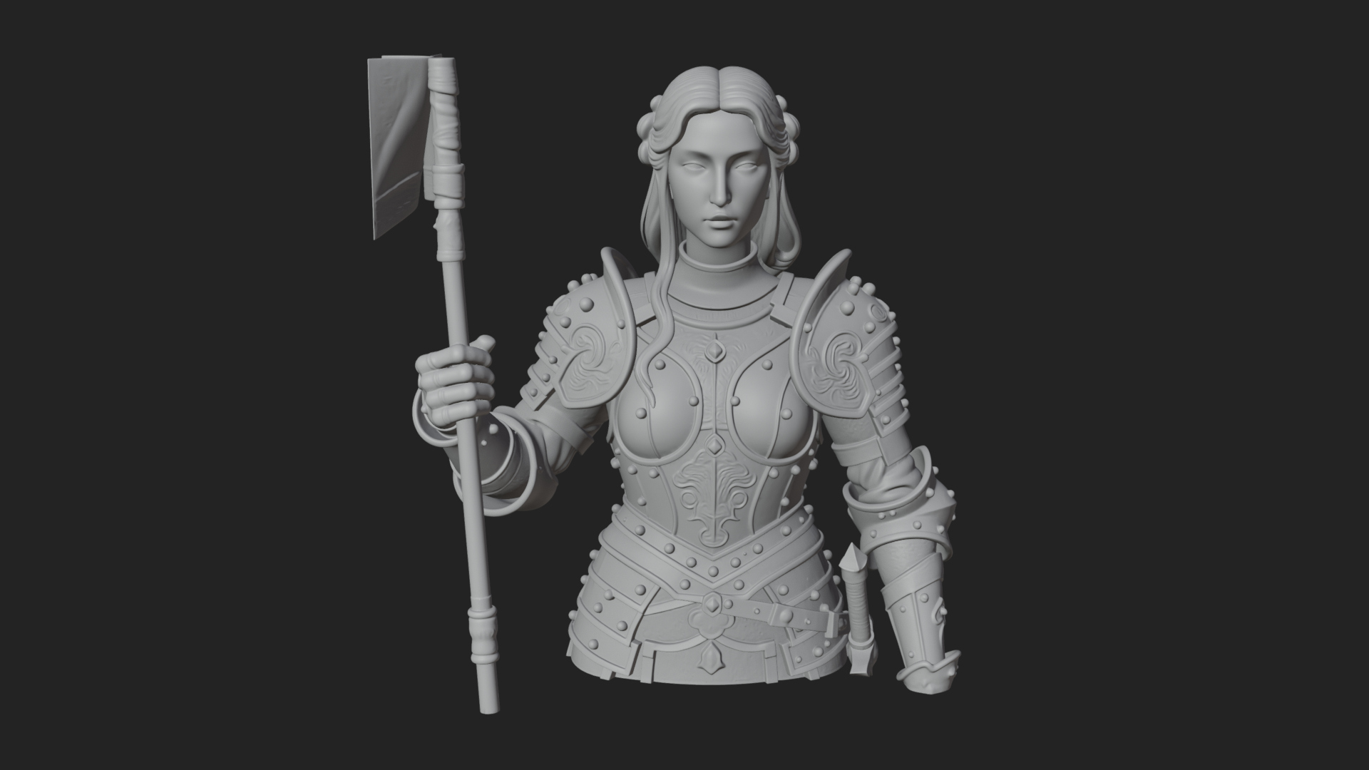 Armored Maiden with Banner Statue Design 2 3D Print Model 3D Model