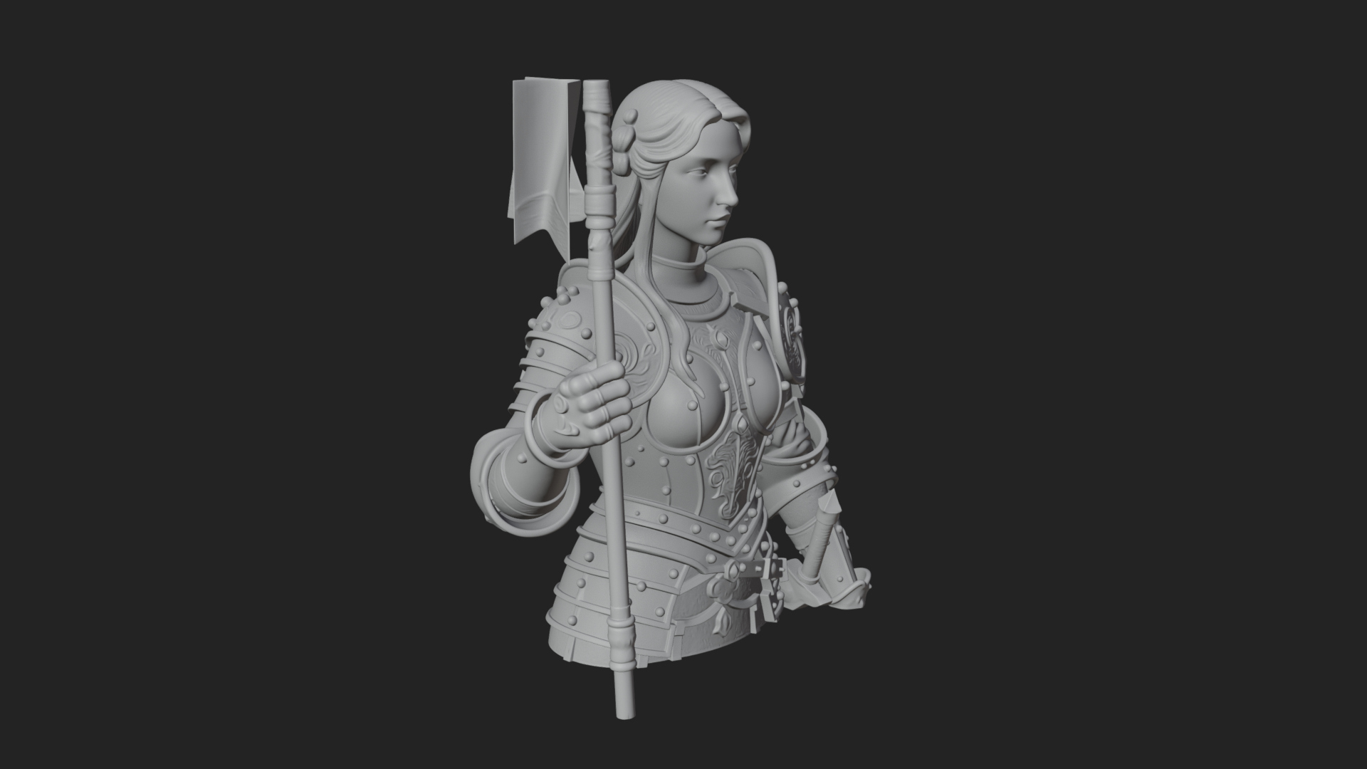 Armored Maiden with Banner Statue Design 2 3D Print Model 3D Model