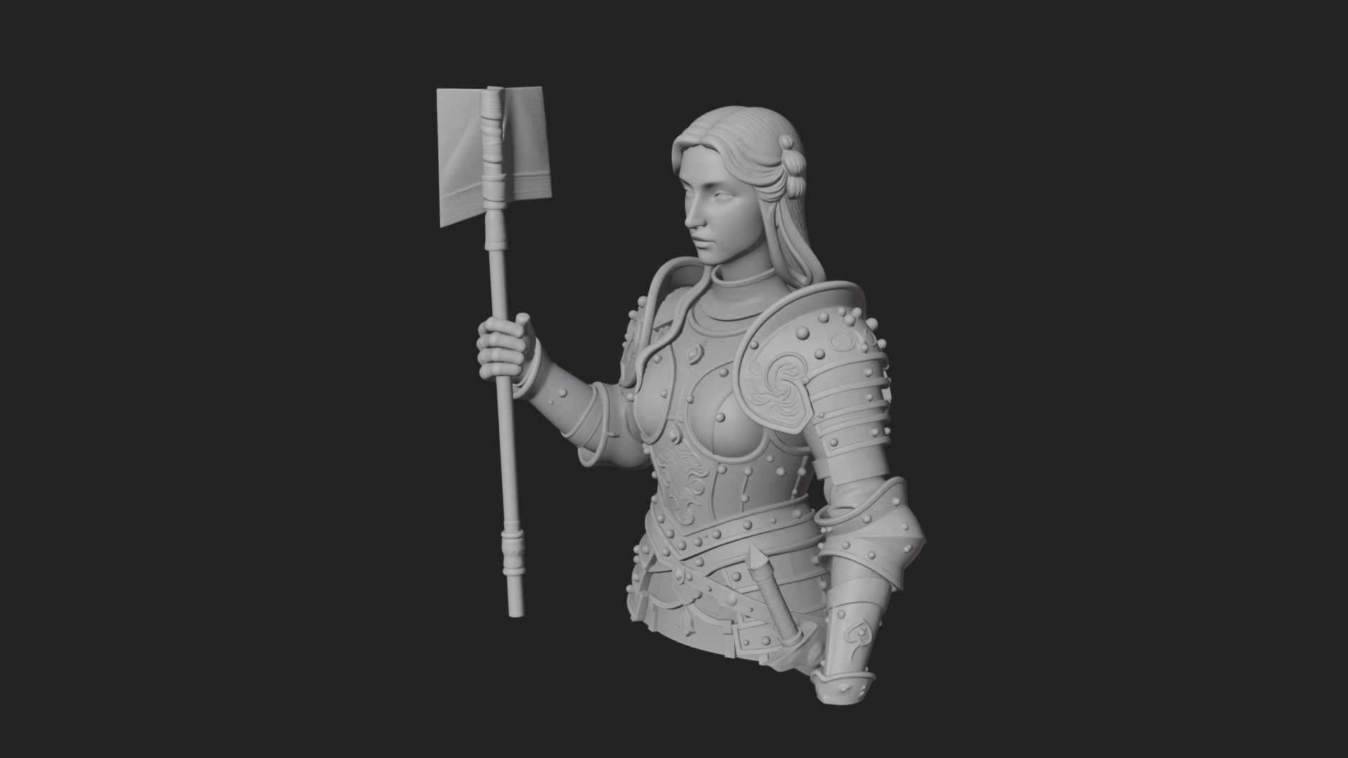 Armored Maiden with Banner Statue Design 2 3D Print Model 3D Model