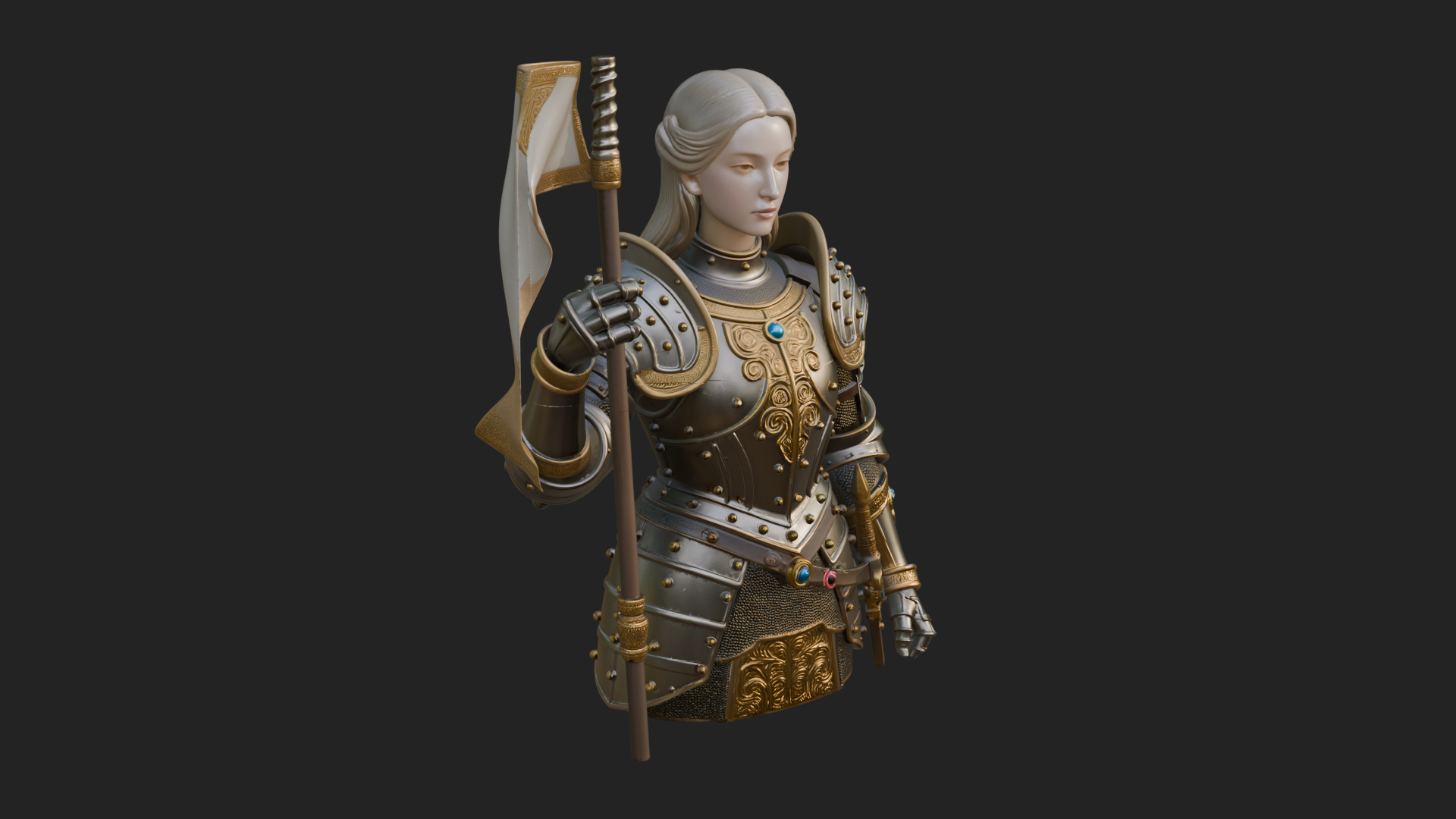 Armored Maiden with Banner Statue Design 3 3D Print Model 3D Model