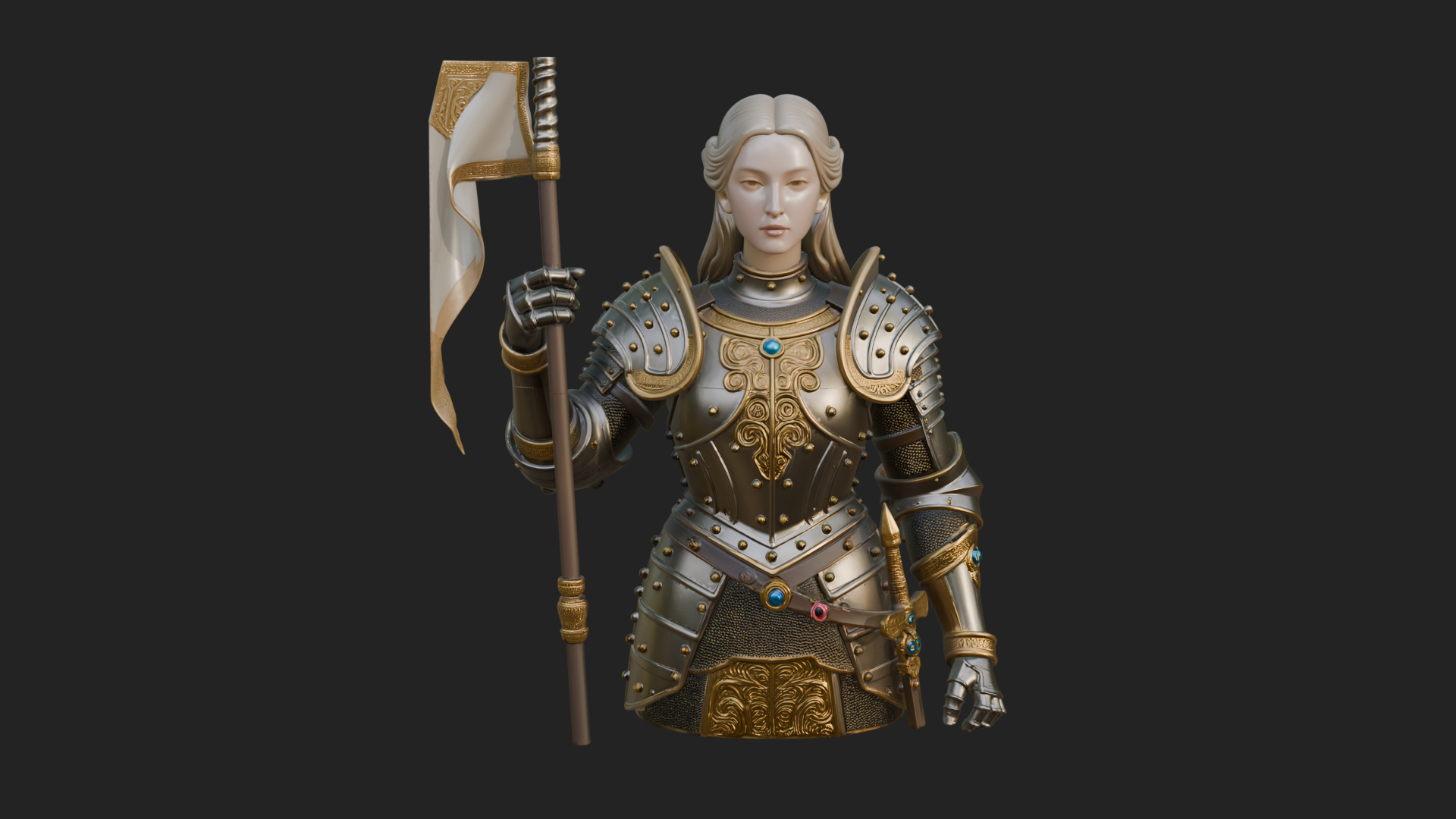 Armored Maiden with Banner Statue Design 3 3D Print Model 3D Model