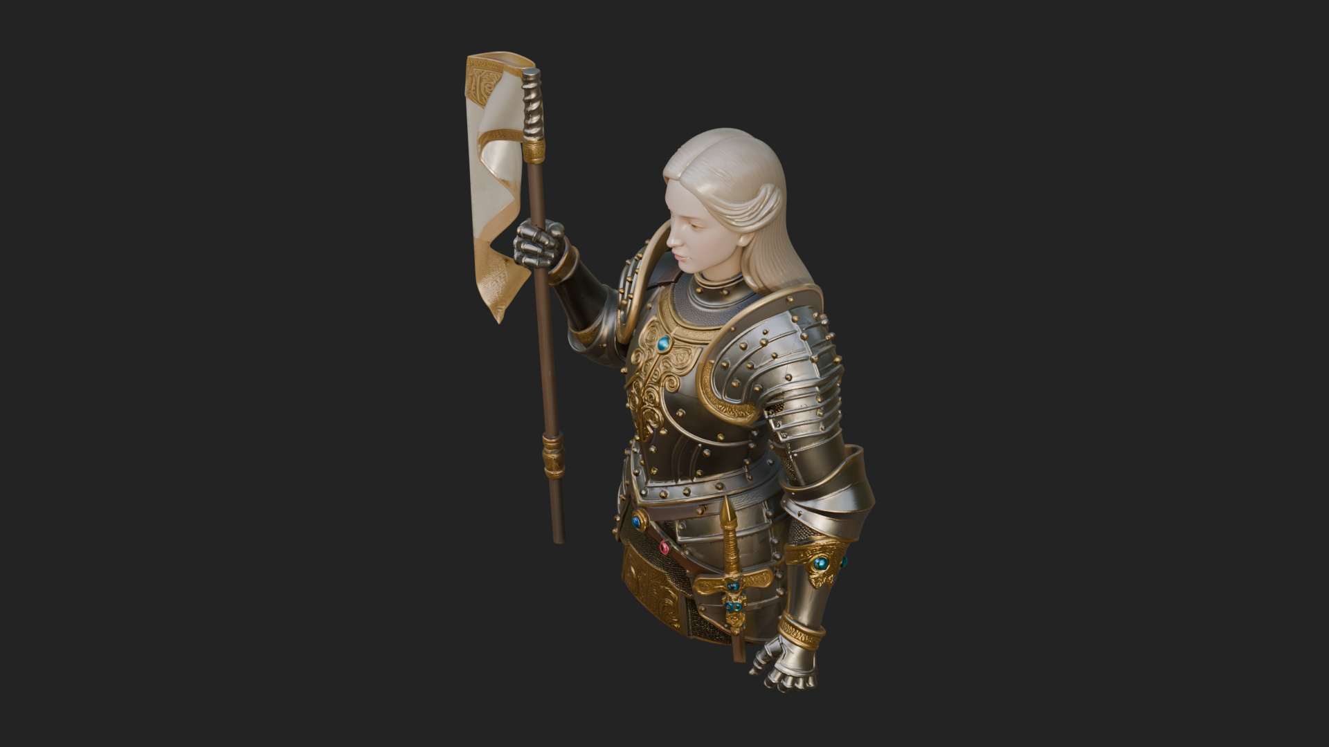 Armored Maiden with Banner Statue Design 3 3D Print Model 3D Model