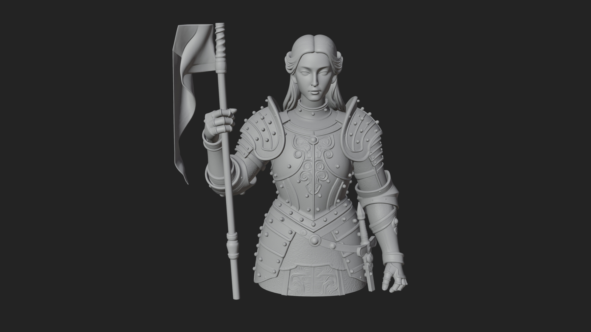 Armored Maiden with Banner Statue Design 3 3D Print Model 3D Model