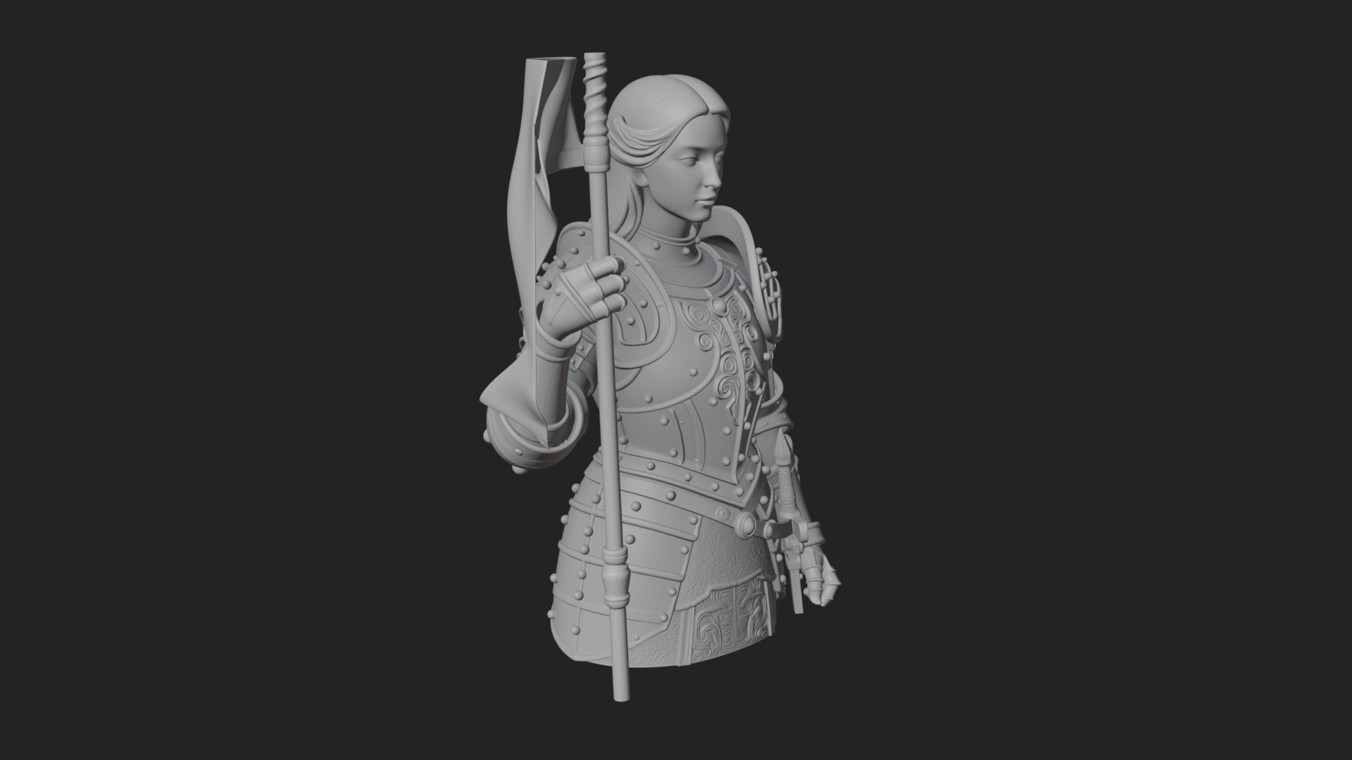 Armored Maiden with Banner Statue Design 3 3D Print Model 3D Model