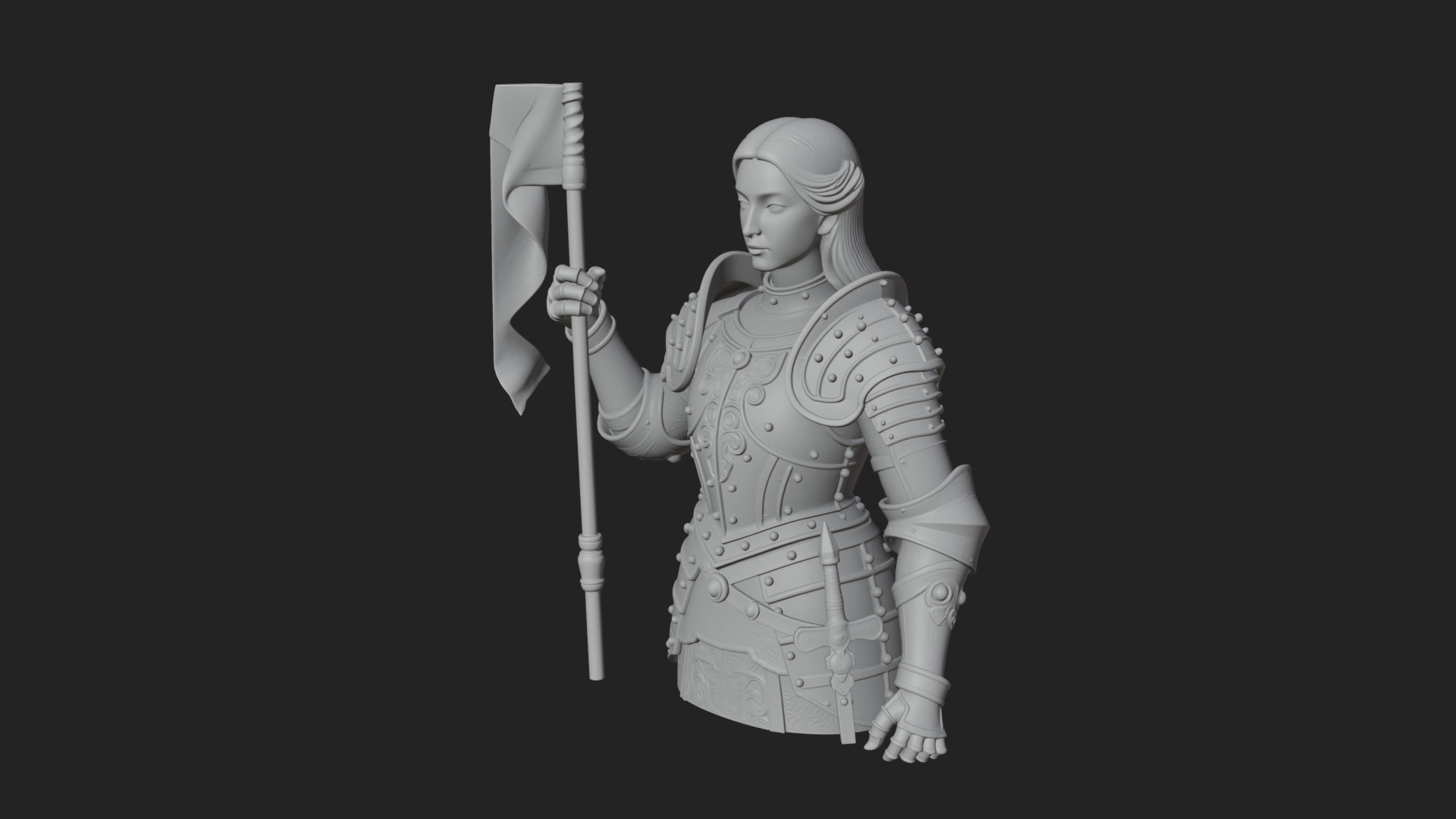 Armored Maiden with Banner Statue Design 3 3D Print Model 3D Model