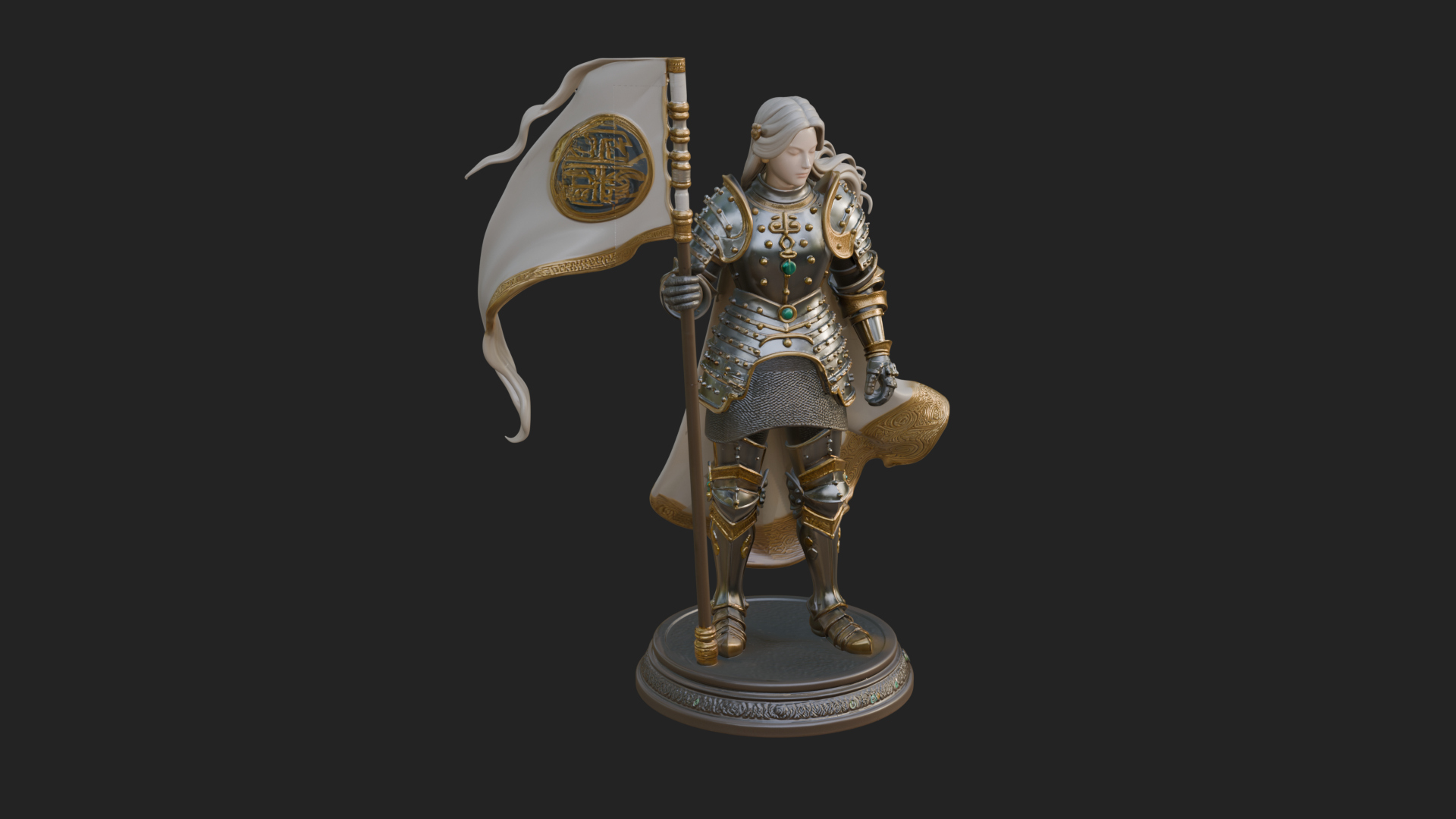 Armored Maiden with Banner Statue Design 4 3D Print Model 3D Model