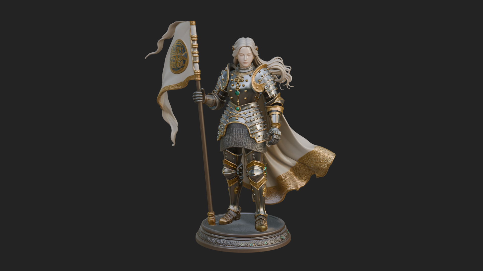 Armored Maiden with Banner Statue Design 4 3D Print Model 3D Model