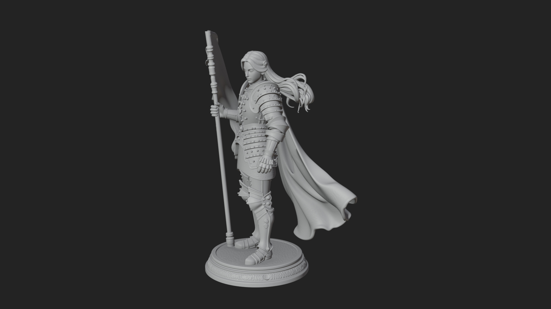 Armored Maiden with Banner Statue Design 4 3D Print Model 3D Model