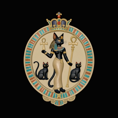 Bastet with Cats Relief Medallion Pendant Design 3 3D Pri