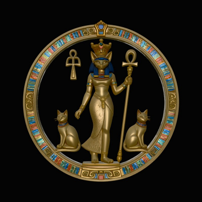 Bastet with Cats Relief Medallion Pendant Design 4 3D Pri