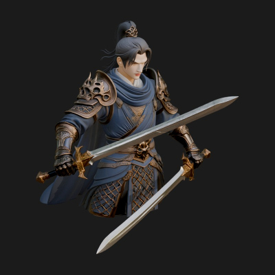 Blue Robe Swordsman Statue Design 5 3D Print Model