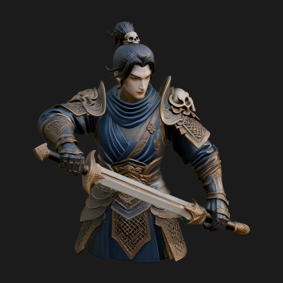 Blue Robe Swordsman Statue Design 8 3D Print Model