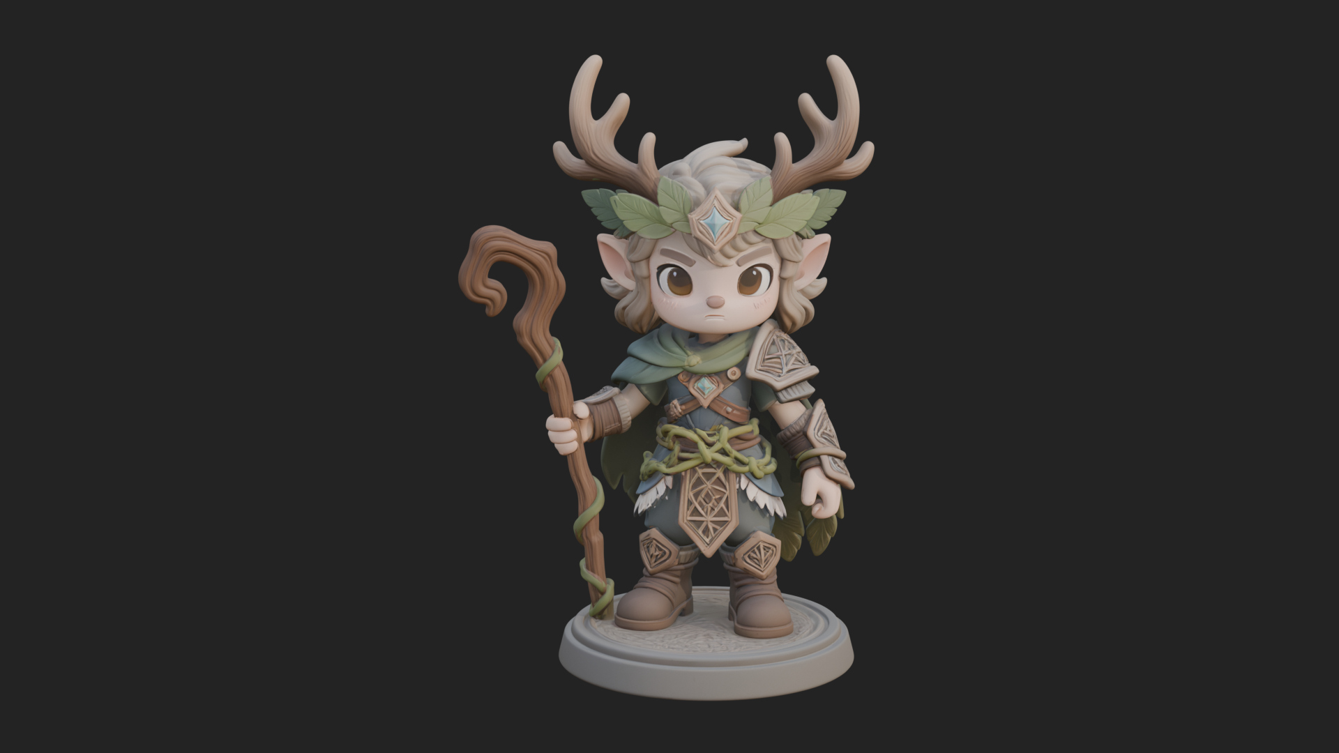 Chibi Antlered Druid Statue Design 2 3D Print Model 3D Model