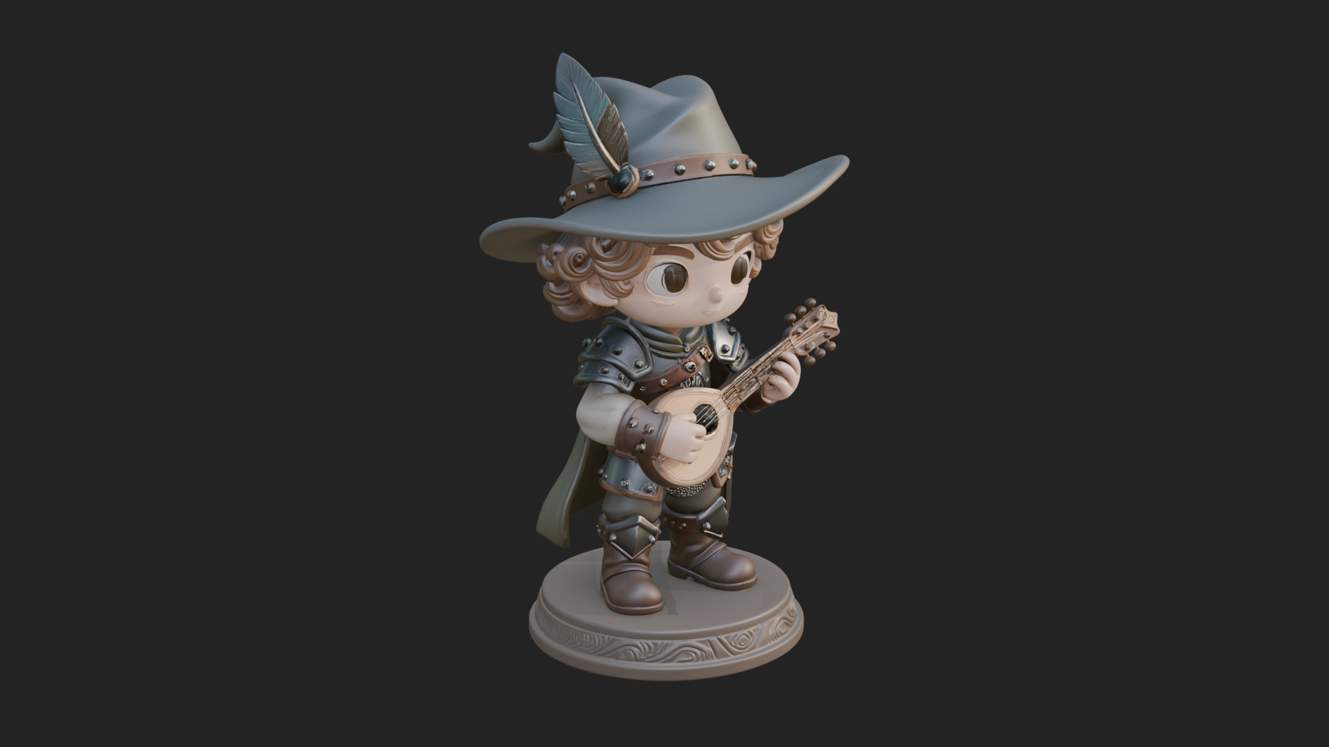 Chibi Bard with Lute Statue Design 2 3D Print Model 3D Model