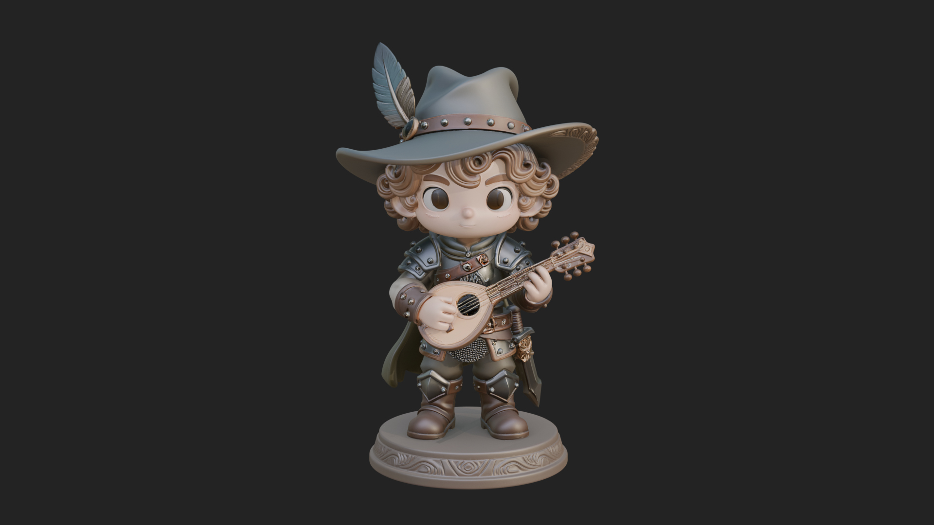 Chibi Bard with Lute Statue Design 2 3D Print Model 3D Model