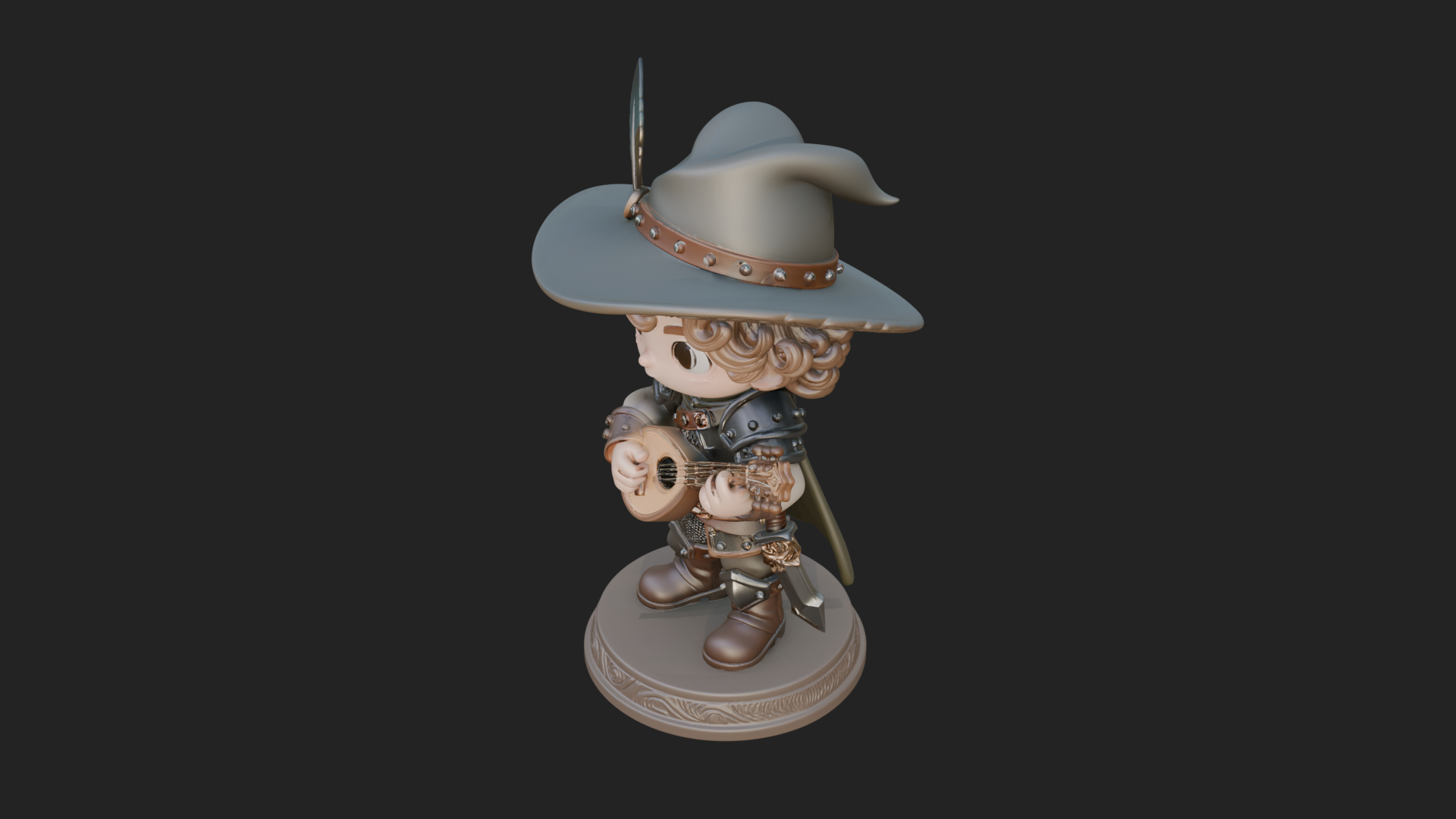 Chibi Bard with Lute Statue Design 2 3D Print Model 3D Model