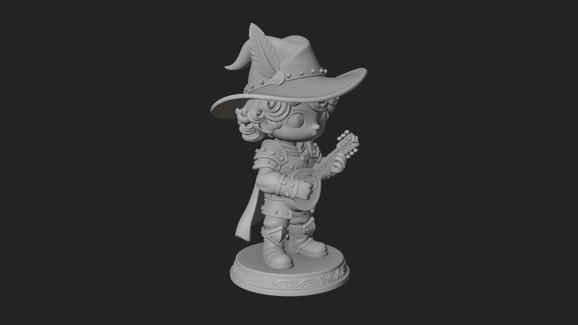 Chibi Bard with Lute Statue Design 2 3D Print Model 3D Model