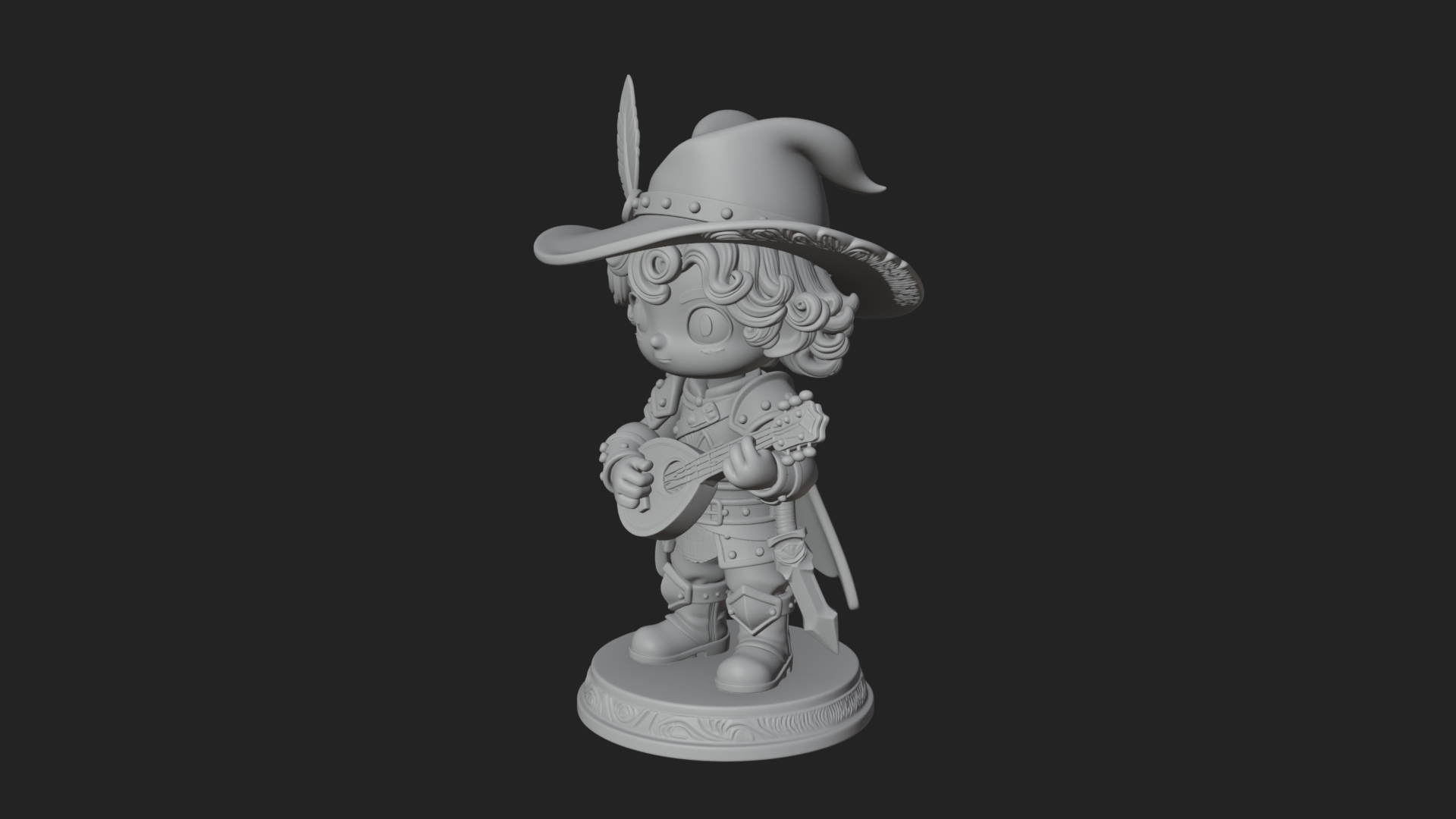 Chibi Bard with Lute Statue Design 2 3D Print Model 3D Model