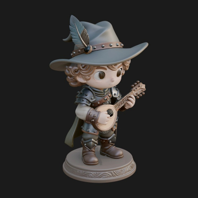 Chibi Bard with Lute Statue Design 2 3D Print Model