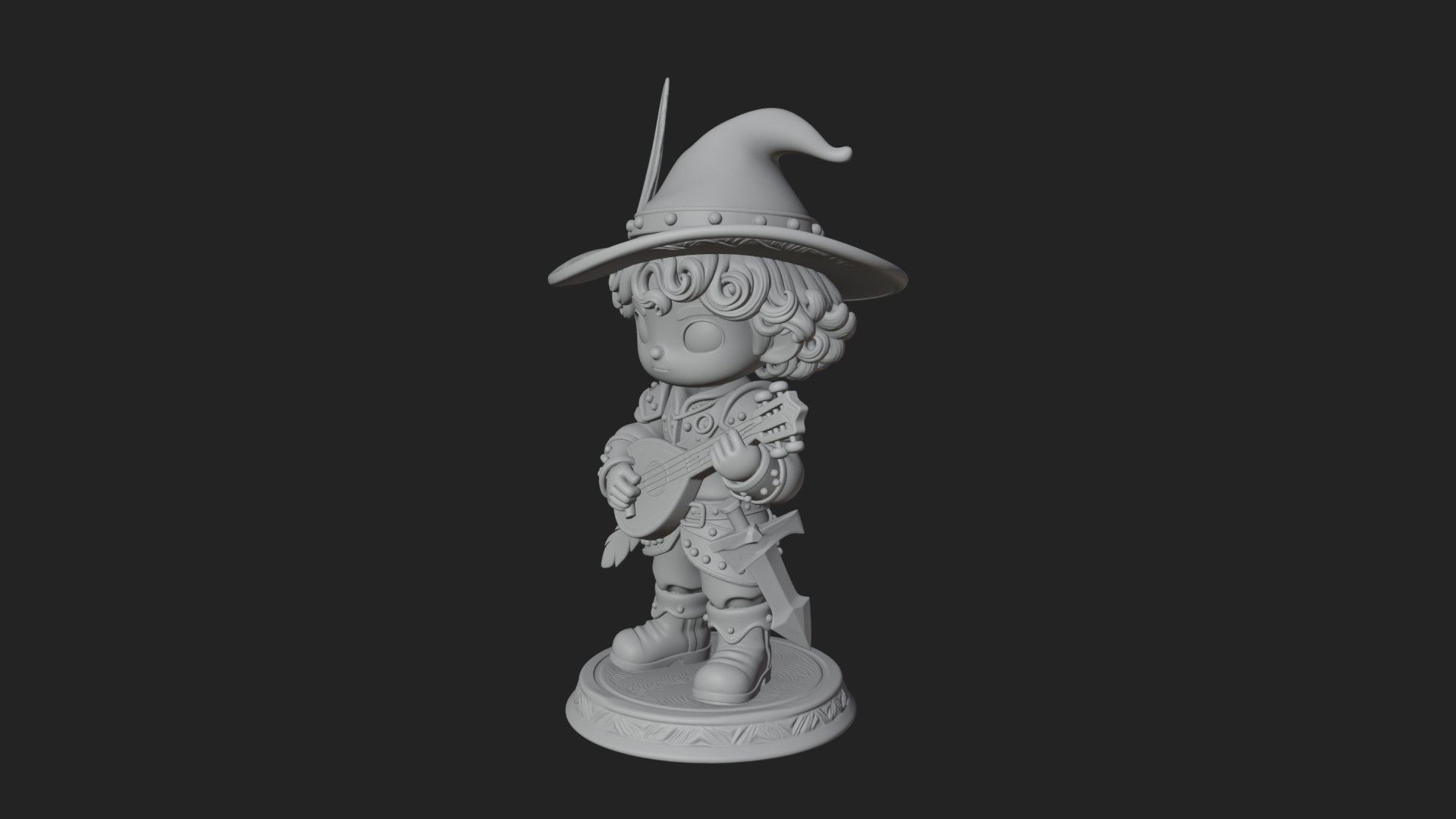 Chibi Bard with Lute Statue Design 3 3D Print Model 3D Model