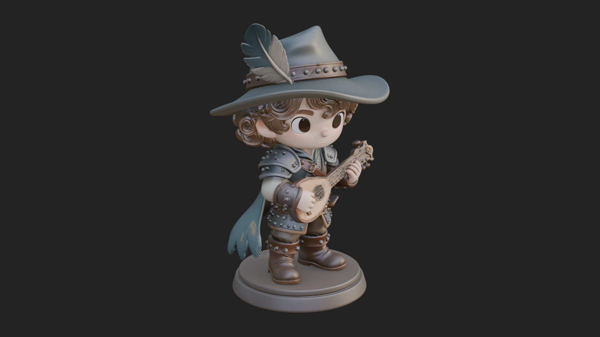 Chibi Bard with Lute Statue Design 4 3D Print Model 3D Model