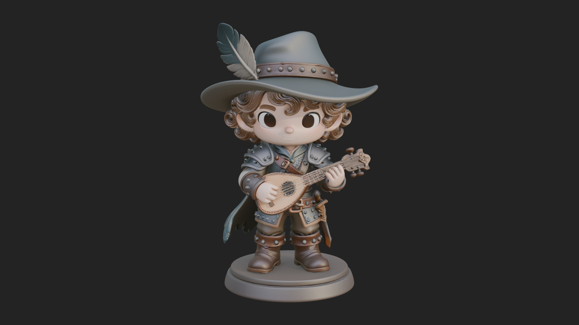 Chibi Bard with Lute Statue Design 4 3D Print Model 3D Model