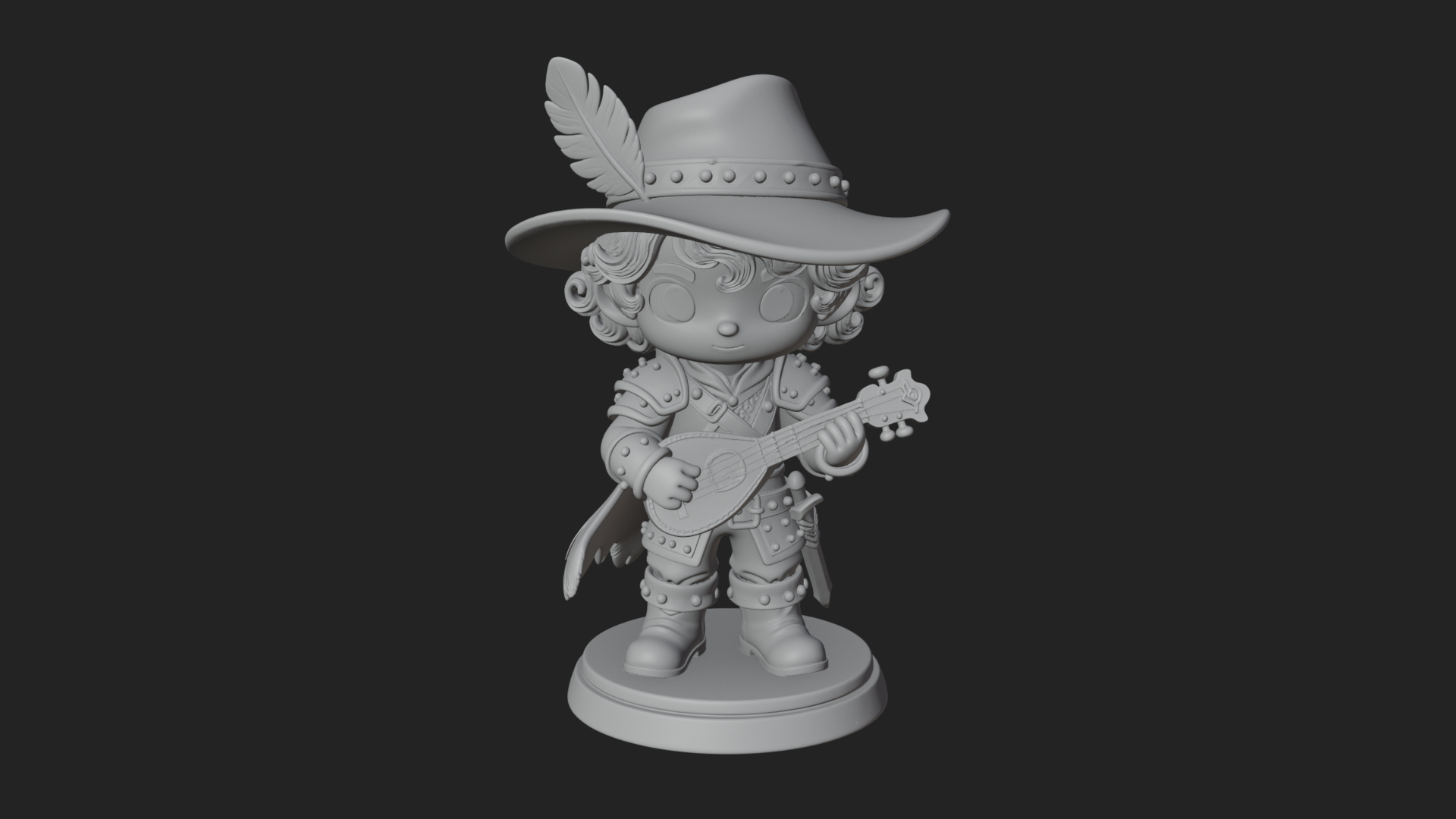 Chibi Bard with Lute Statue Design 4 3D Print Model 3D Model
