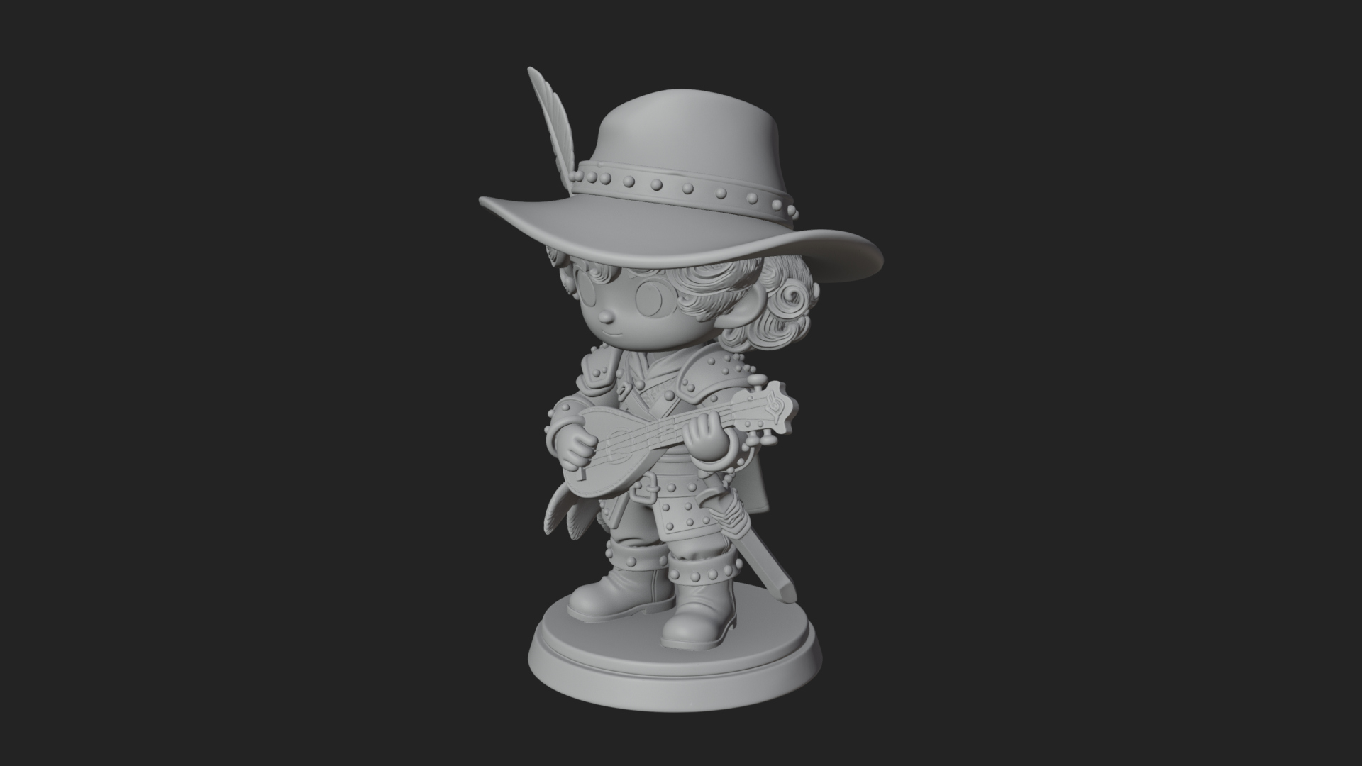 Chibi Bard with Lute Statue Design 4 3D Print Model 3D Model