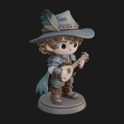 Chibi Bard with Lute Statue Design 4 3D Print Model