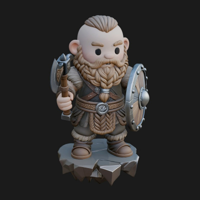 Chibi Bearded Dwarf With Axe Statue Design 1 3D Print Model